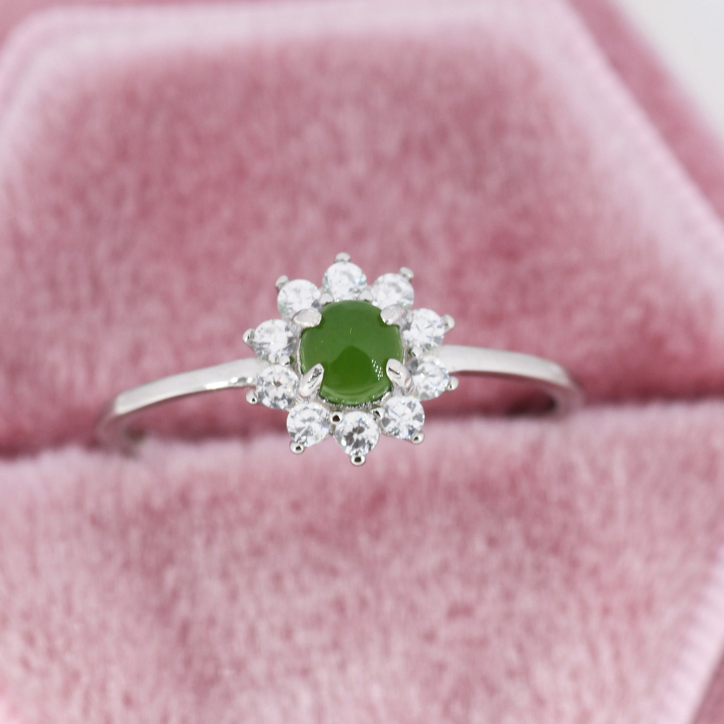 Genuine Jade Stone Halo Ring in Sterling Silver, US 5 - 8, Natural Jade Gemstone Ring,  Crystal Flower Ring