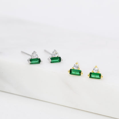 Emerald Green Baguette and Round CZ Stud Earrings in Sterling Silver, Silver or Gold, Geometric CZ Cluster Earrings, Stacking Earrings