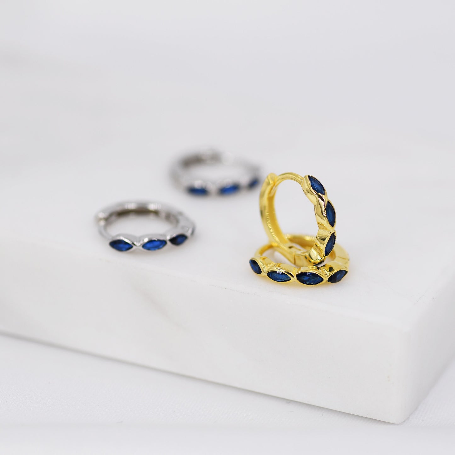 Sapphire Blue Marquise CZ Huggie Hoop in Sterling Silver, Silver or Gold, Minimalist Simple Blue Hoop Earrings
