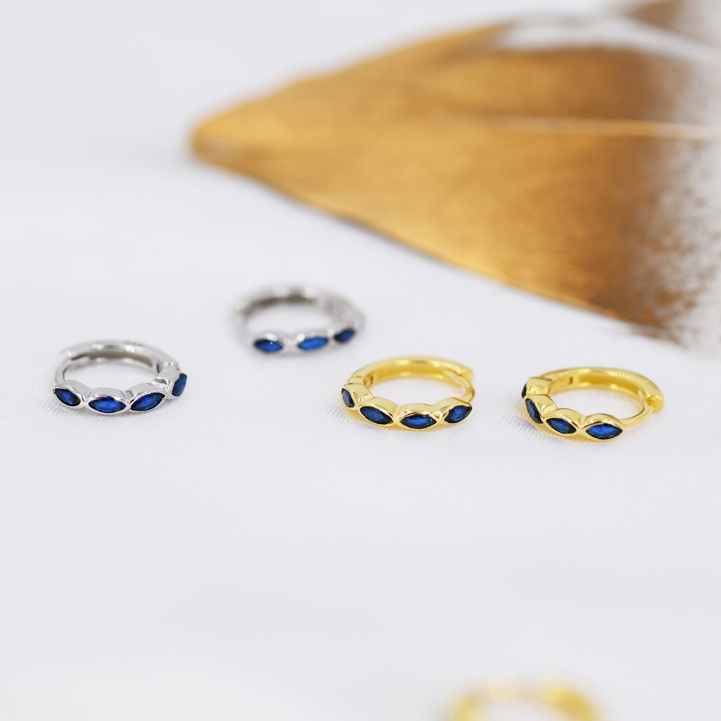 Sapphire Blue Marquise CZ Huggie Hoop in Sterling Silver, Silver or Gold, Minimalist Simple Blue Hoop Earrings