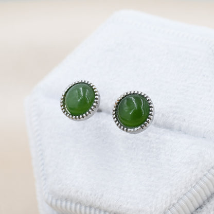 Natural Jade Stud Earrings in Sterling Silver, Green Jade Earrings, Genuine Jade Earrings with Dotted Bezel Setting