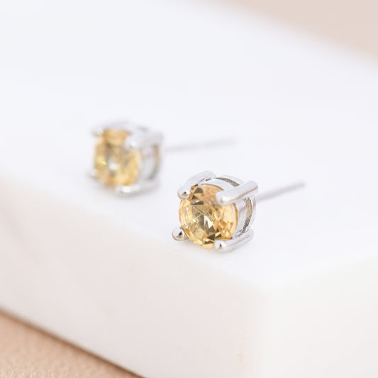 Genuine Yellow Citrine Stud Earrings in Sterling Silver, Silver or Gold, Citrine Earrings, Four Prong Citrine Crystal Earrings