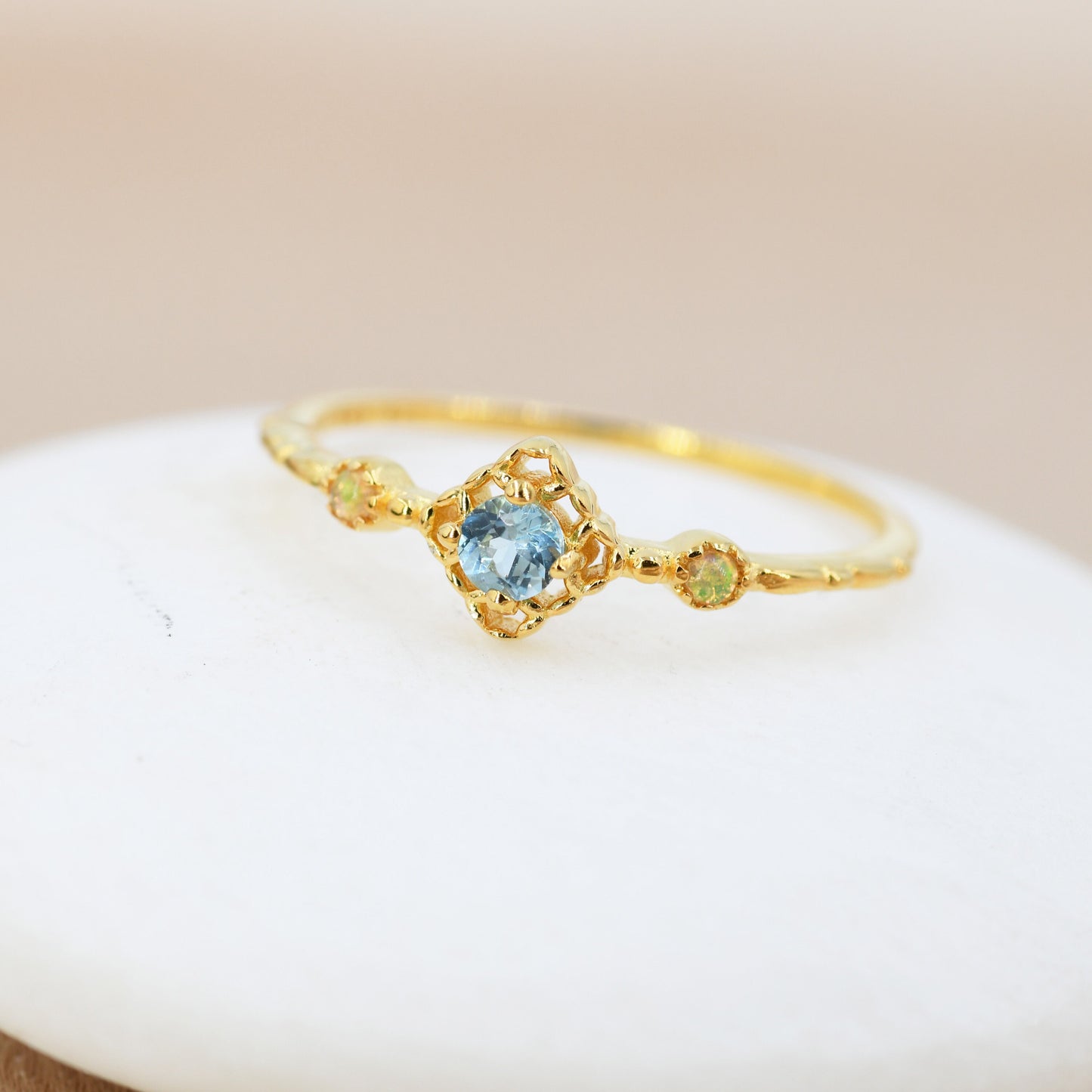 Natural Swiss Blue Topaz Stone and Opal Ring in Sterling Silver, Silver or Gold, Natural  Topaz Ring, Vintage Inspired Design, US 5-8