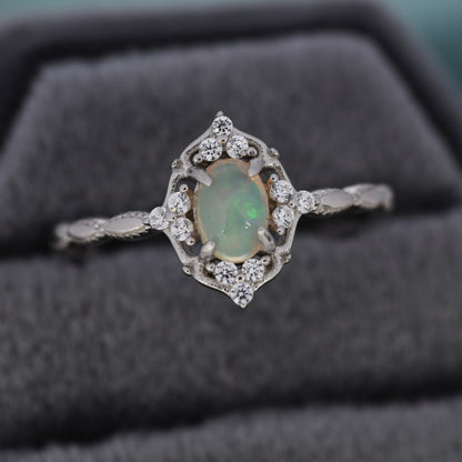Genuine Opal Ring in Sterling Silver, Natural Opal Ring, Vintage Inspired Design, US 6 - 8