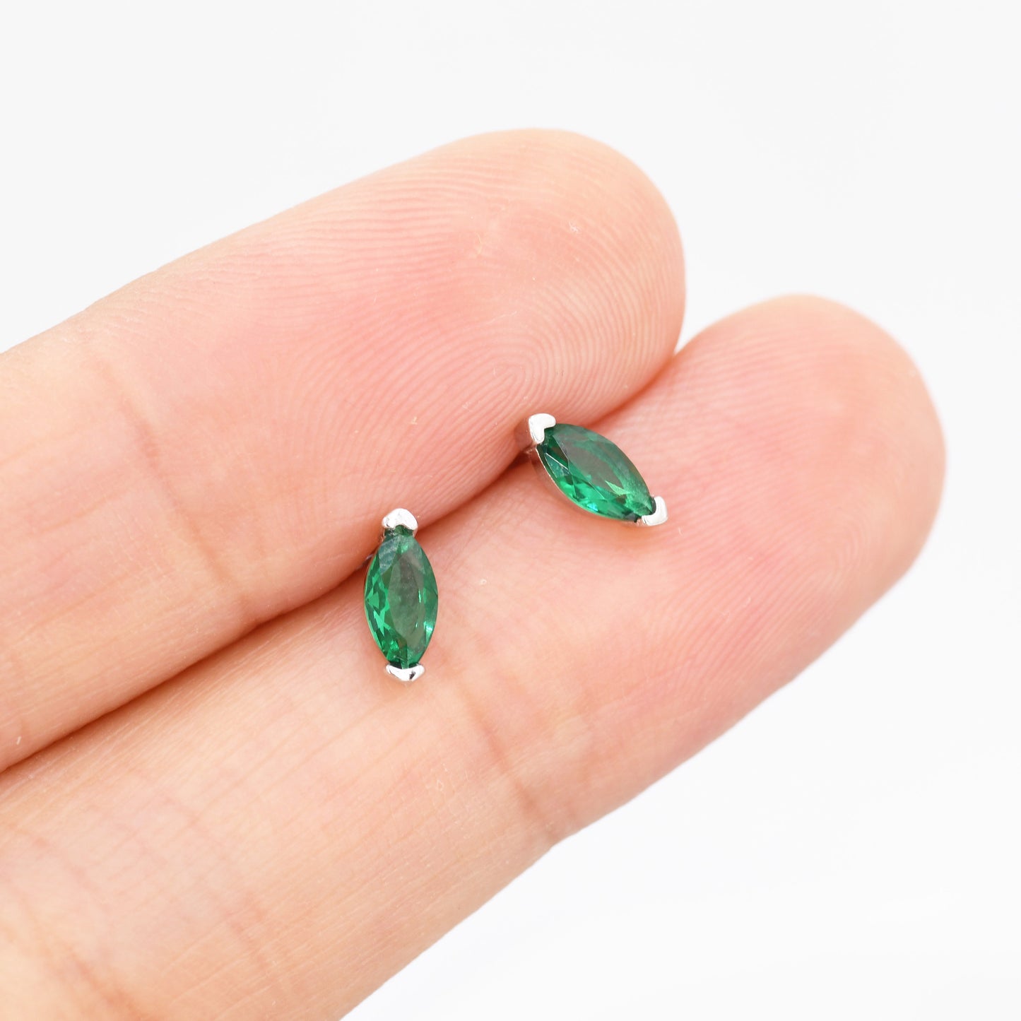 Sterling Silver Emerald Green Marquise Stud Earrings, Simulated Emerald Crystal,  Minimalist Geometric Design, May Birthstone