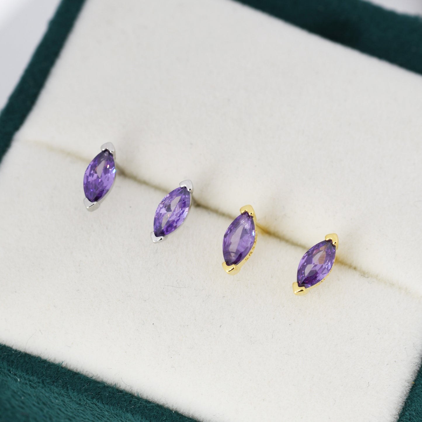 Sterling Silver Purple Amethyst Marquise Stud Earrings, Simulated Amethyst Crystal,  Minimalist Geometric Design, February Birthstone