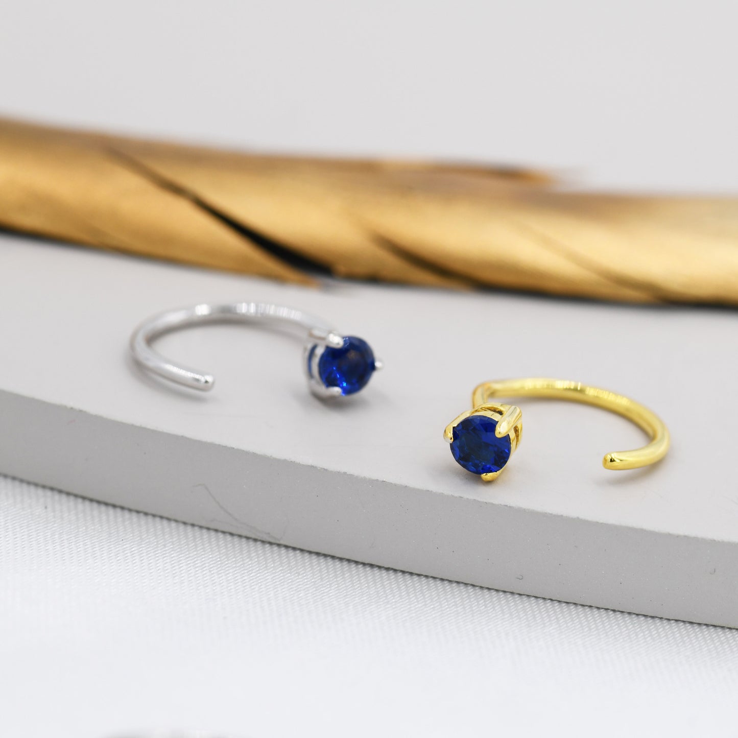 Sapphire Blue CZ Crystal Huggie Hoop Threader Earrings in Sterling Silver, 3mm Three Prong, Gold or Silver, Pull Through Open Hoops