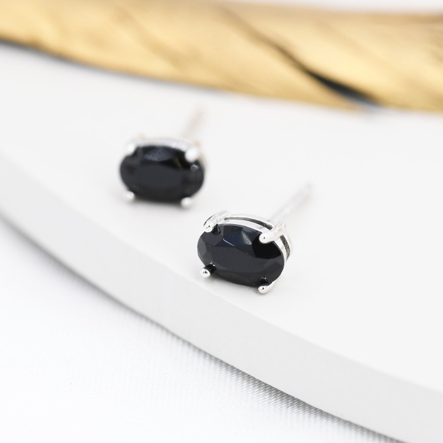 Genuine Black Onyx Oval Stud Earrings in Sterling Silver, Natural Oval Black Onyx Crystal Earrings