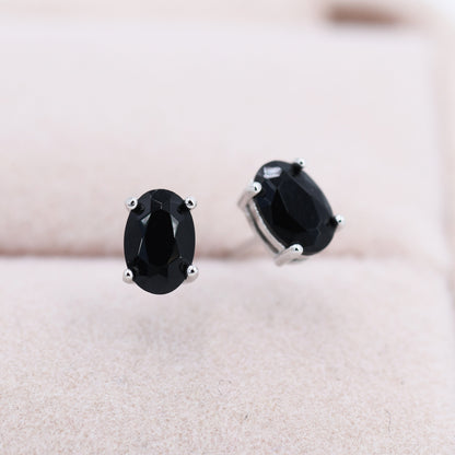 Genuine Black Onyx Oval Stud Earrings in Sterling Silver, Natural Oval Black Onyx Crystal Earrings