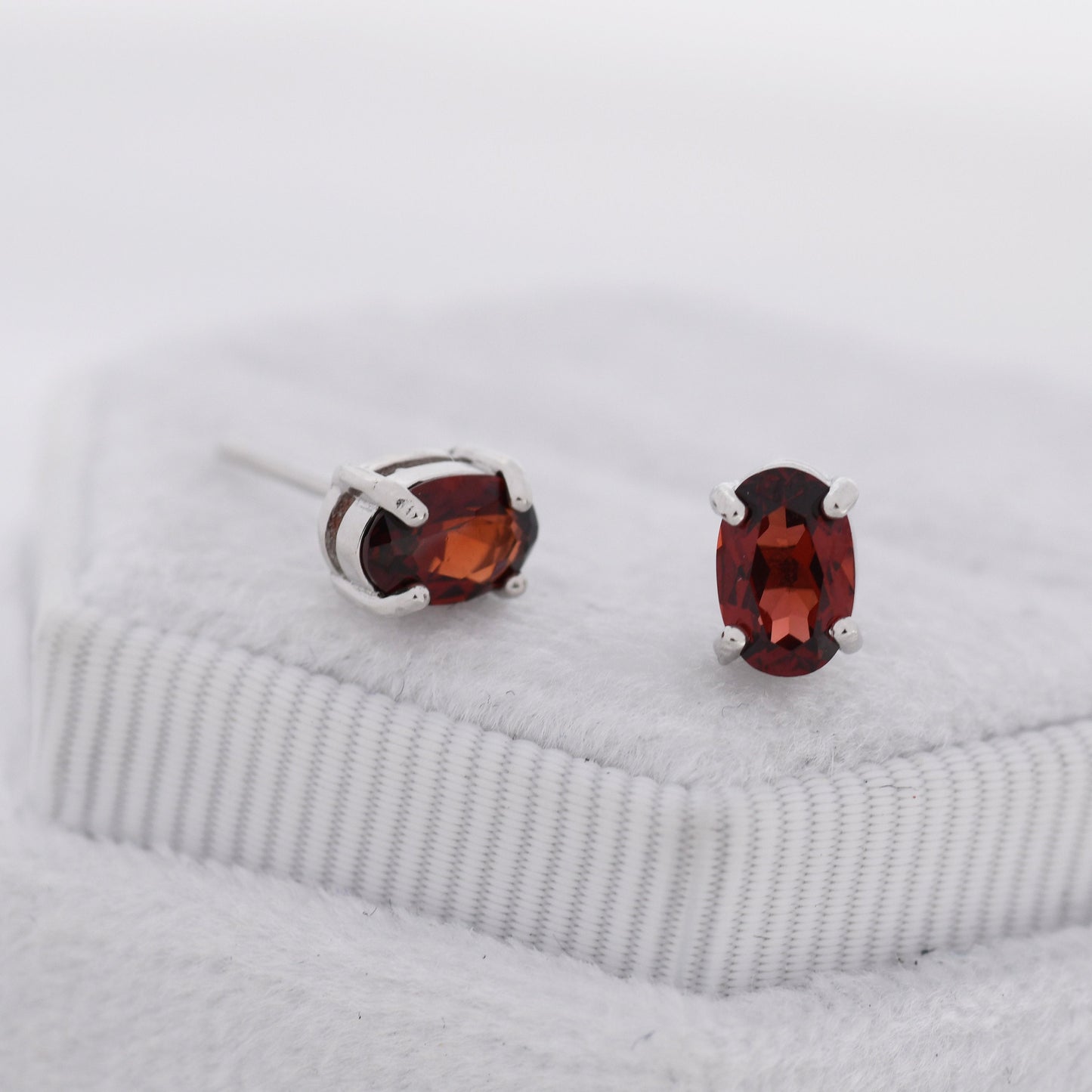 Genuine Garnet Crystal Stud Earrings in Sterling Silver, Natural Red Garnet Oval Earrings, January Birthstone