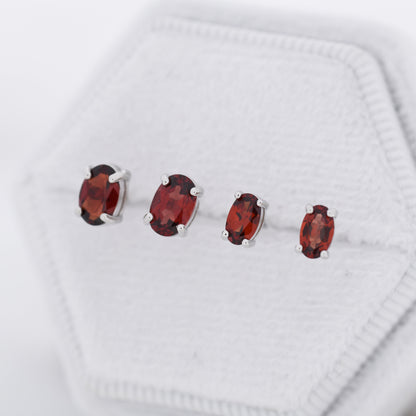 Genuine Garnet Crystal Stud Earrings in Sterling Silver, Natural Red Garnet Oval Earrings, January Birthstone