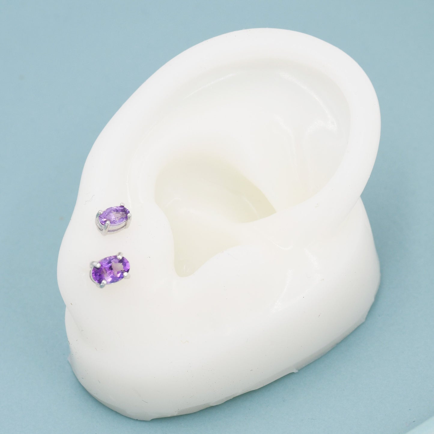 Genuine Amethyst Crystal Stud Earrings in Sterling Silver, Natural Purple Amethyst Oval Stud Earrings, February Birthstone