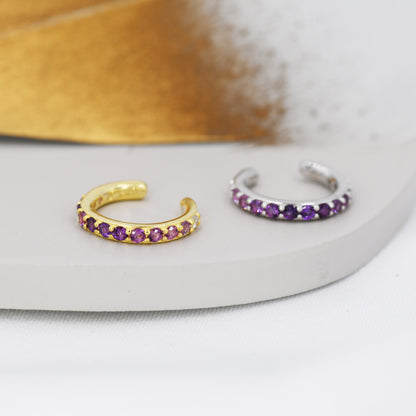 Amethyst Purple Ombre CZ Ear Cuff in Sterling Silver, Silver or Gold, Simple Piercing Free Earrings, Minimalist Ear Cuff, Purple CZ Ear Cuff