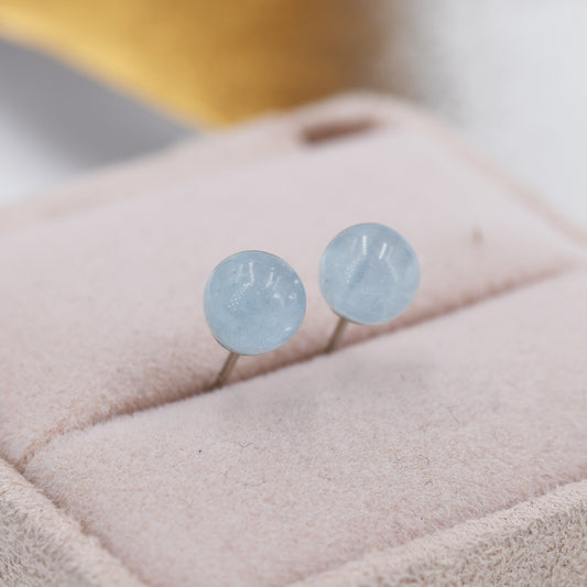 Genuine Aquamarine Crystal Stud Earrings in Sterling Silver, Natural Aquamarine Ball Earrings, March Birthstone