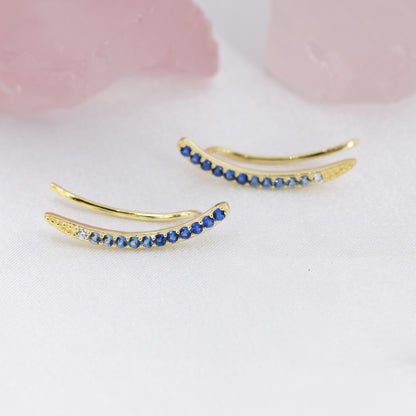 Ombre Sapphire Blue CZ Crawler Earrings in Sterling Silver, Silver or Gold, Gradient Colour Ear Crawlers, September Birthstone Ear Climbers