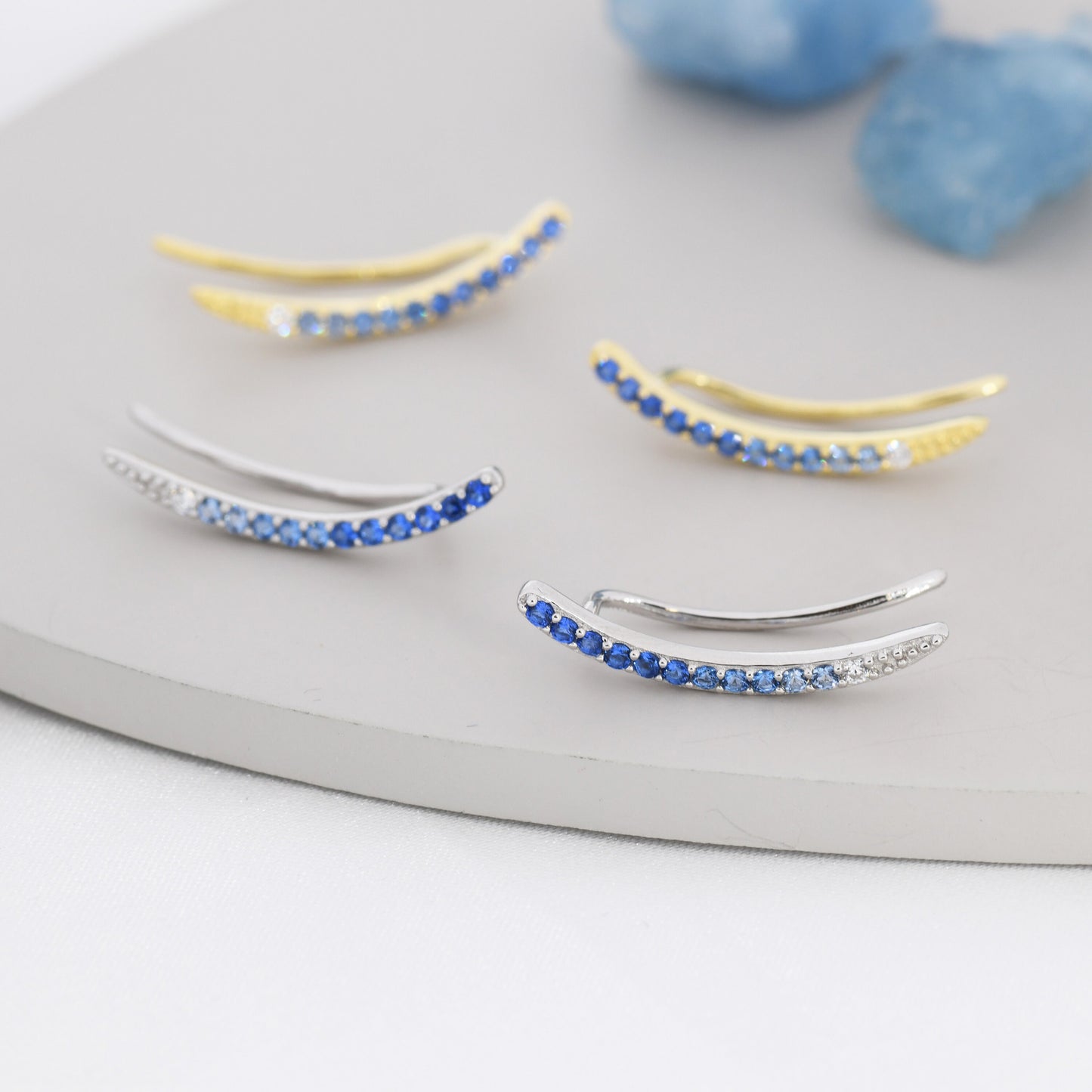 Ombre Sapphire Blue CZ Crawler Earrings in Sterling Silver, Silver or Gold, Gradient Colour Ear Crawlers, September Birthstone Ear Climbers