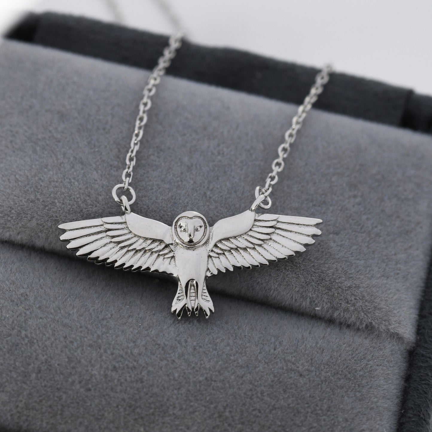 Flying Barn Owl Pendant Necklace in Sterling Silver, Owl Necklace, Silver Barn Owl Necklace, Bird Necklace, Animal Necklace