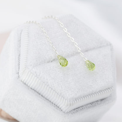 Natural Peridot Droplet Threader Earrings in Sterling Silver, Faceted Peridot Ear Threaders,  Natural Peridot Earrings