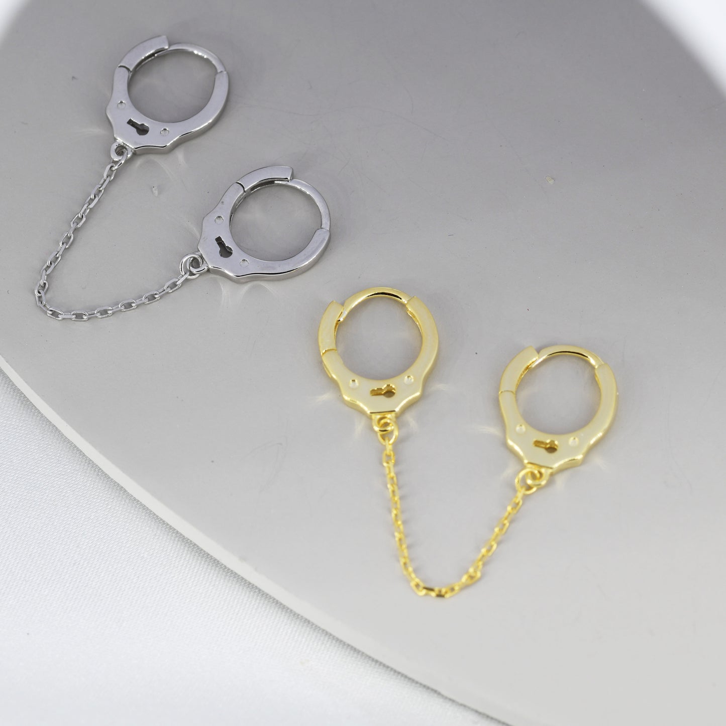Handcuff Hoop Earrings with a Linking Chain, Silver or Gold, Chained  Hoop Earrings, Linked Hoops, Linked Hoops, Double Piercing Earrings