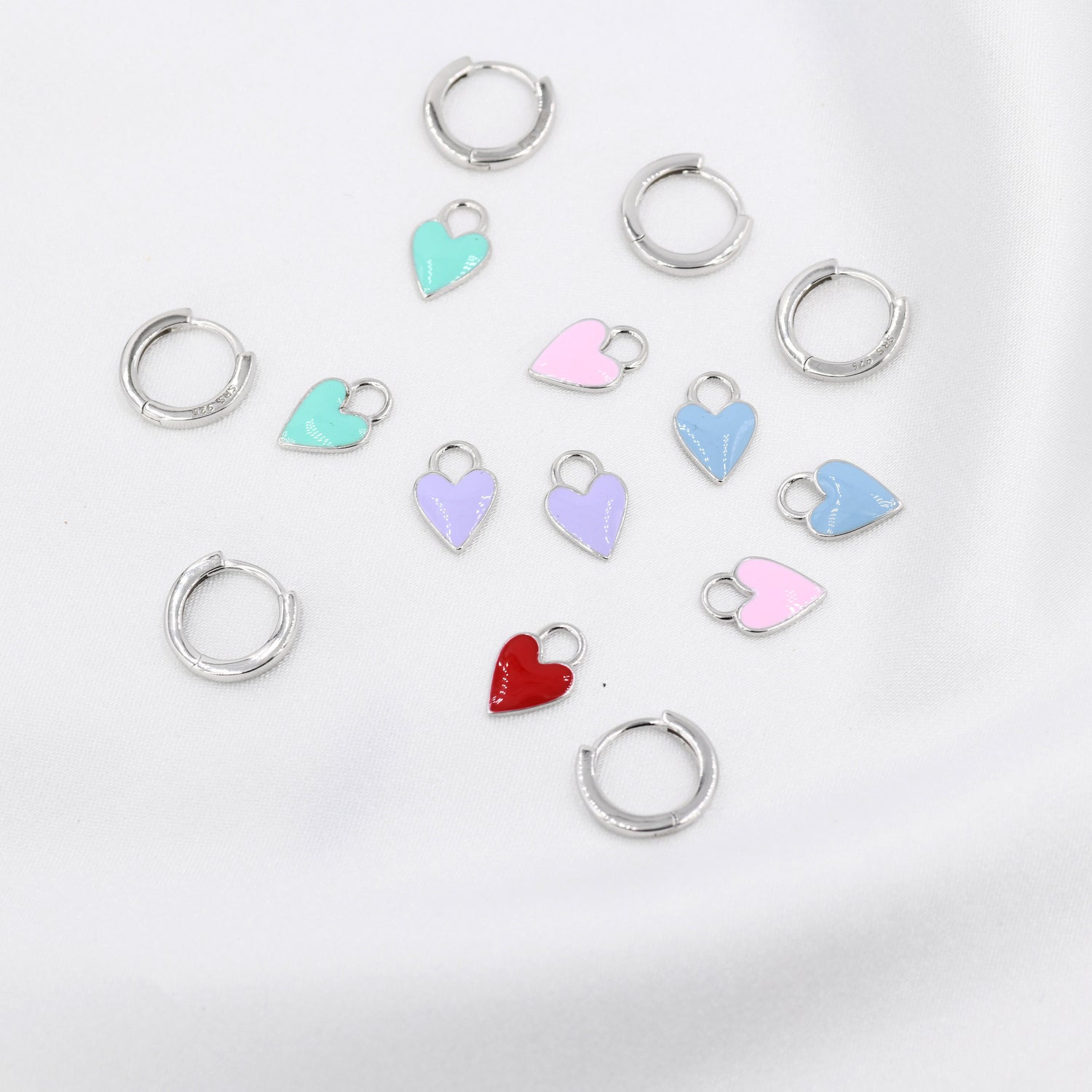 Dangling Enamel Heart Earrings in Sterling Silver, Detachable Heart Charm Dangle Hoop Earrings, Interchangeable