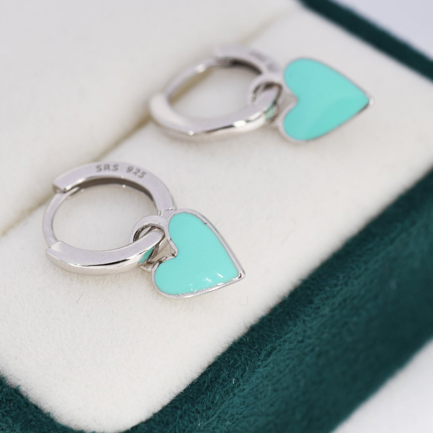 Teal Blue Enamel Heart Earrings in Sterling Silver, Detachable Heart Charm Dangle Hoop Earrings, Interchangeable
