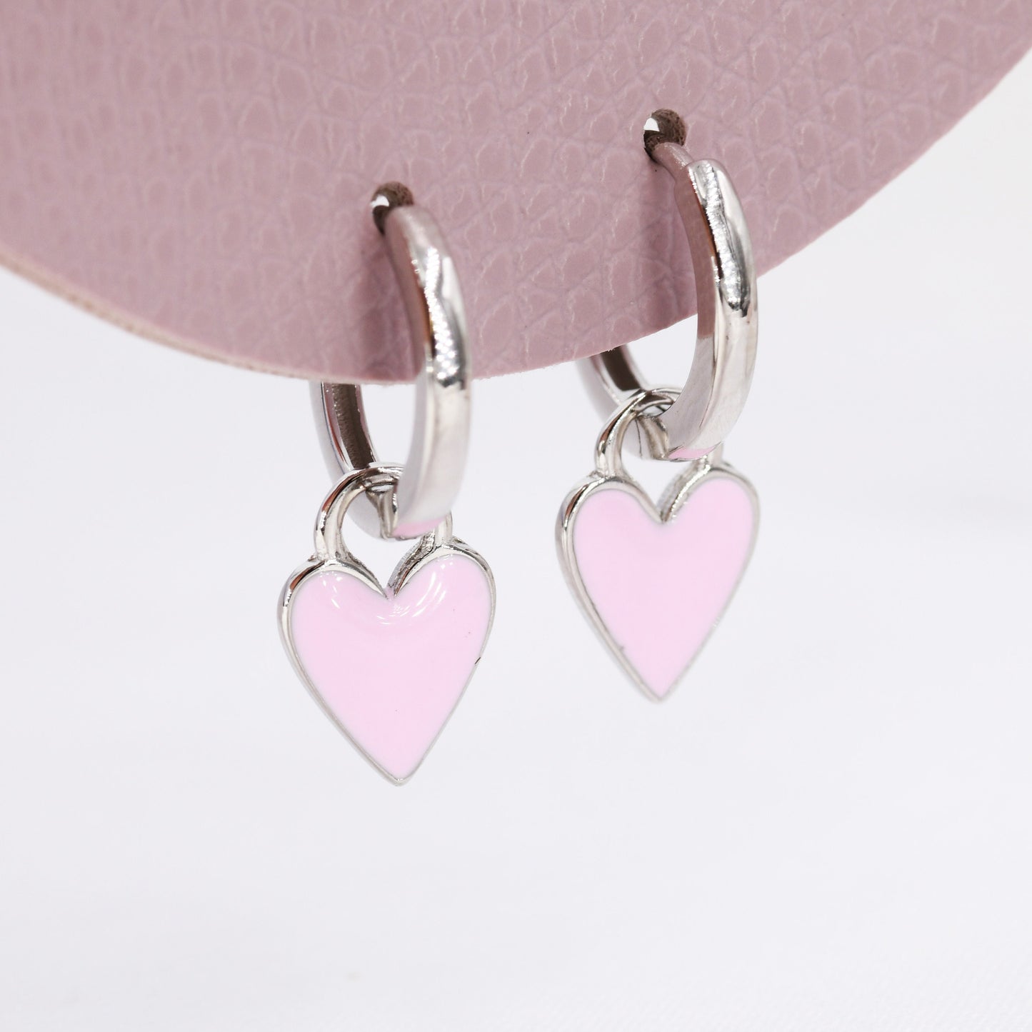 Pink Enamel Heart Earrings in Sterling Silver, Detachable Heart Charm Dangle Hoop Earrings, Interchangeable
