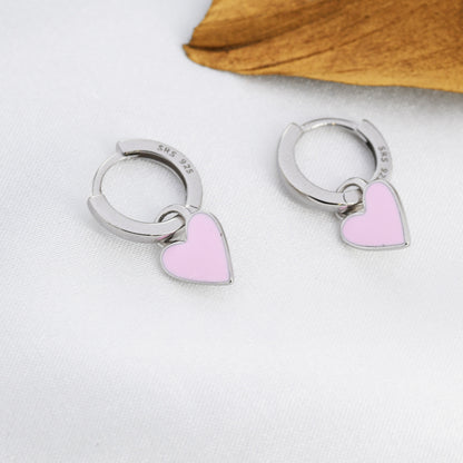 Pink Enamel Heart Earrings in Sterling Silver, Detachable Heart Charm Dangle Hoop Earrings, Interchangeable