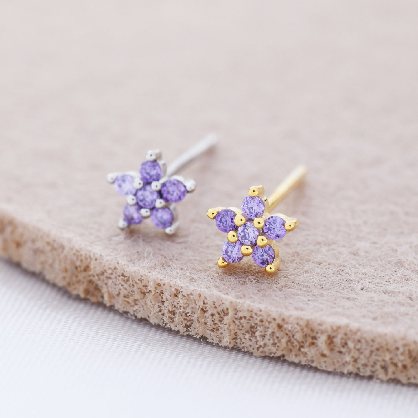 Tiny Lilac Purple CZ Flower Stud Earrings in Sterling Silver, Silver or Gold, Amethyst Crystal Flower Earrings, Stacking Earrings