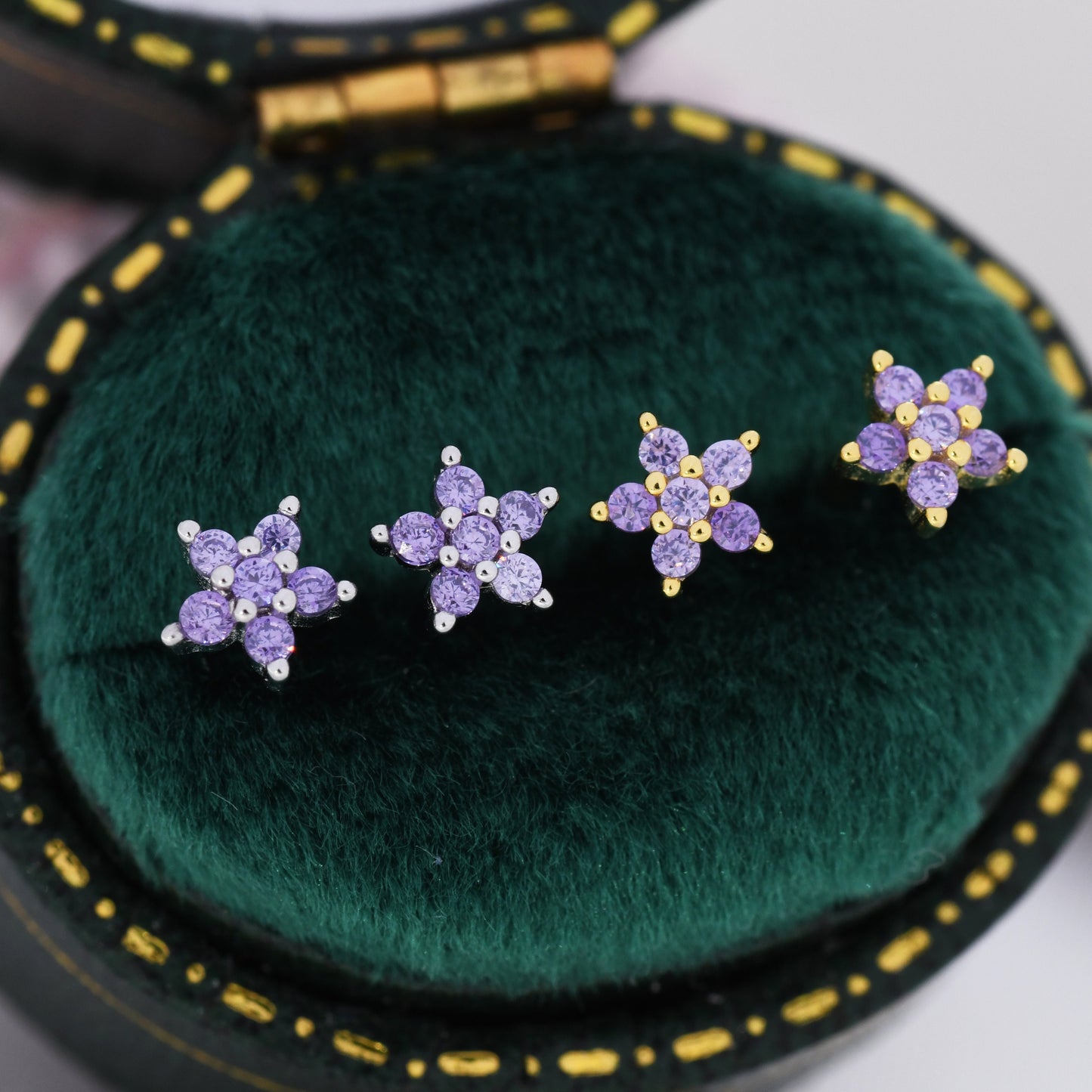 Tiny Lilac Purple CZ Flower Stud Earrings in Sterling Silver, Silver or Gold, Amethyst Crystal Flower Earrings, Stacking Earrings