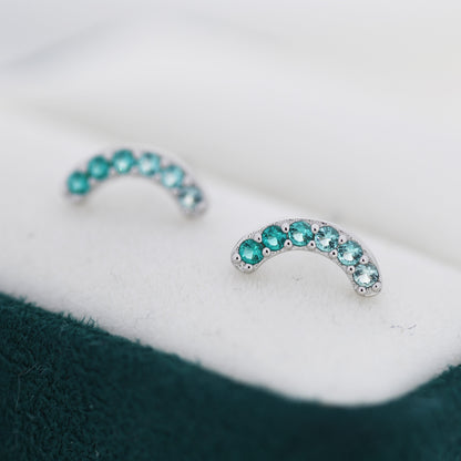 Ombre Emerald Green CZ Curved Bar Stud Earrings in Sterling Silver, Silver or Gold, Gradient Green Rainbow Earrings,  Stacking Earrings