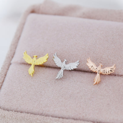 Sterling Silver Phoenix Bird Stud Earrings,  Silver, Gold or Rose Gold,  Dainty Phoenix Earrings