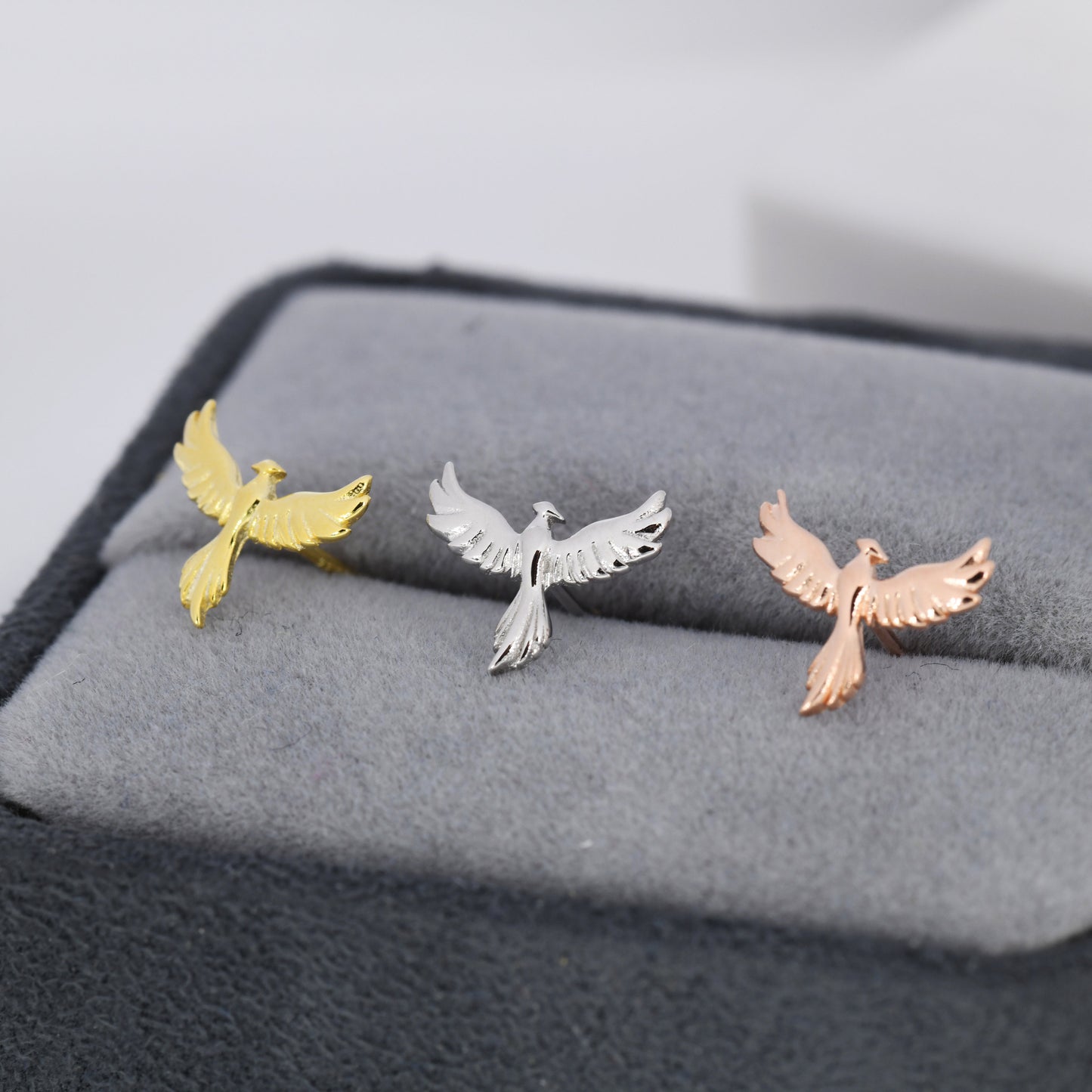 Sterling Silver Phoenix Bird Stud Earrings,  Silver, Gold or Rose Gold,  Dainty Phoenix Earrings