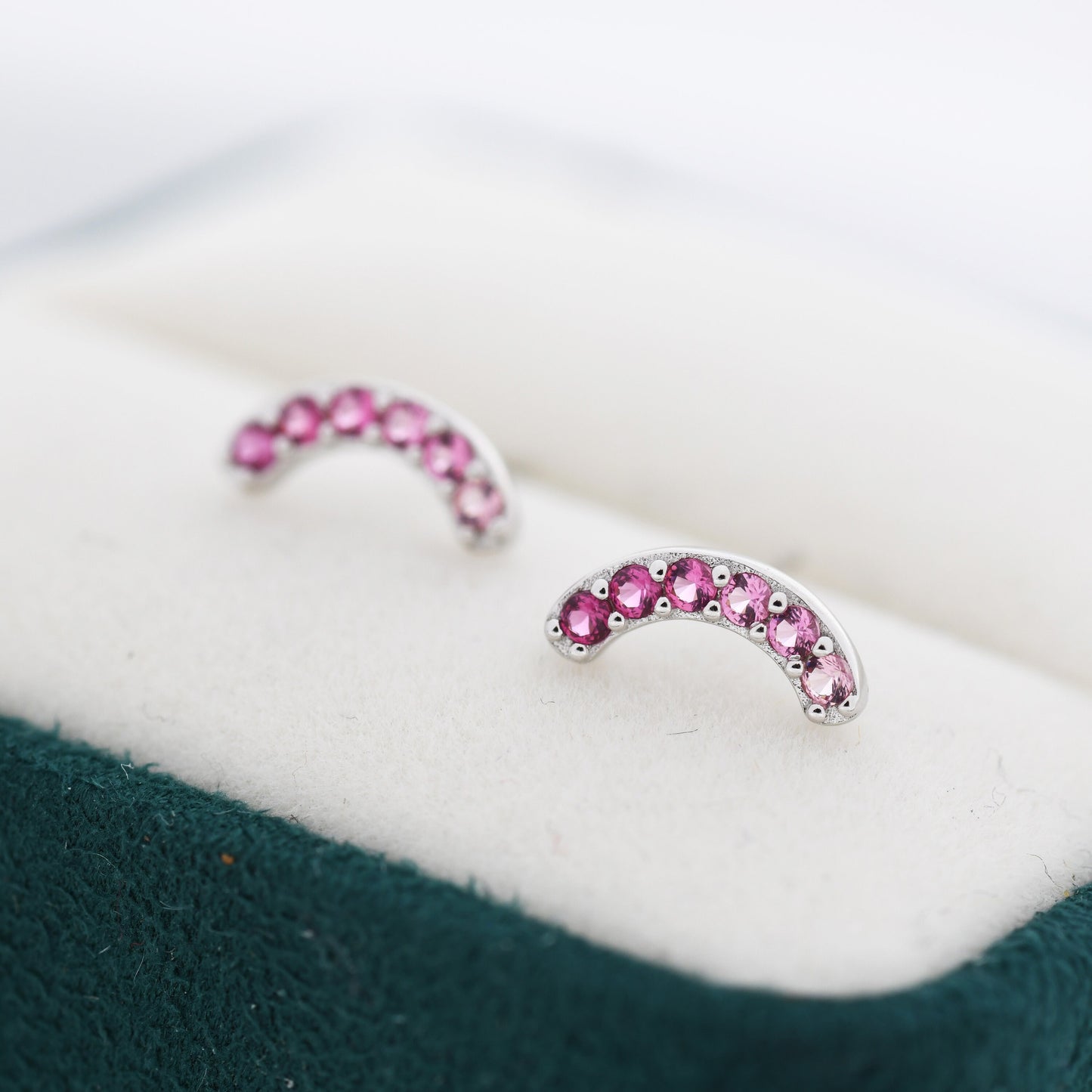 Ombre Ruby Pink CZ Arch Rainbow Stud Earrings in Sterling Silver, Gradient Colour Red Pink Rainbow Earrings,  Stacking Earrings