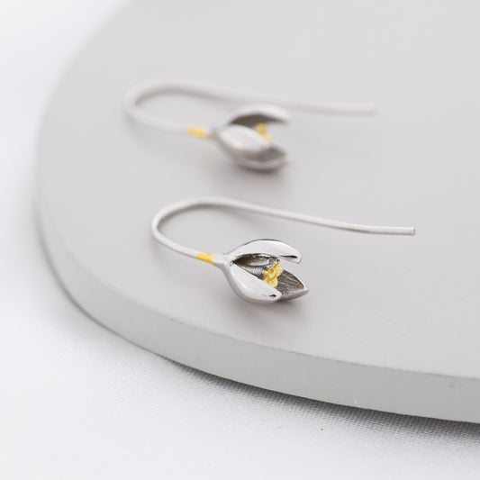 Snowdrop Flower Drop Earrings in Sterling Silver, Silver and Gold, Nature Inspired Flower Earrings, January Birth Flower, Botanical