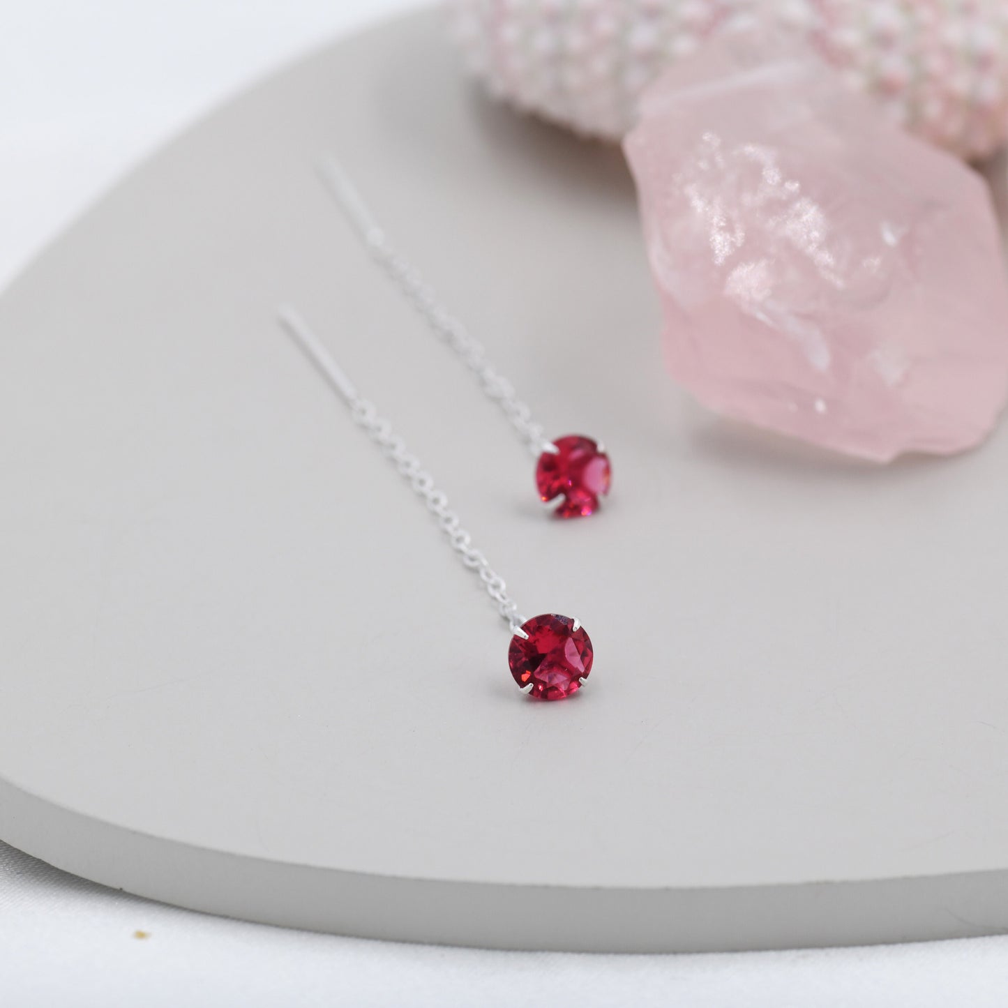 Ruby Red CZ Crystal Threader Earrings in Sterling Silver, Minimalist Pink Crystal Ear Threaders, Threader Ear Jackets