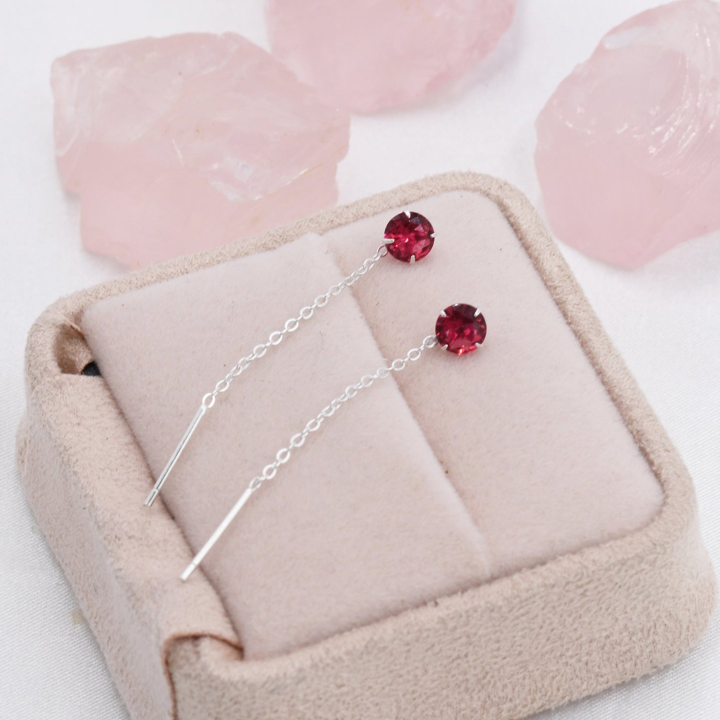 Ruby Red CZ Crystal Threader Earrings in Sterling Silver, Minimalist Pink Crystal Ear Threaders, Threader Ear Jackets