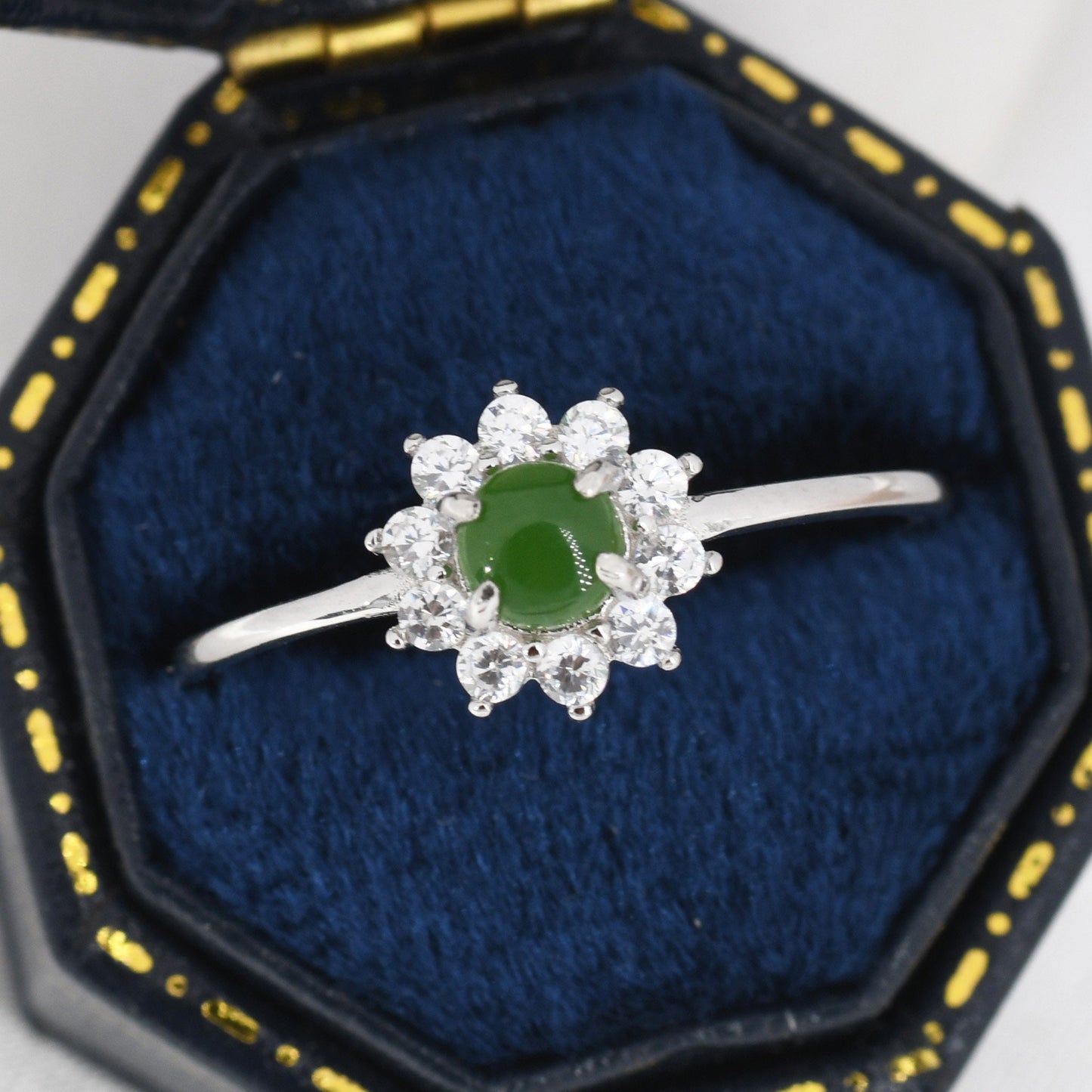 Genuine Jade Stone Halo Ring in Sterling Silver, US 5 - 8, Natural Jade Gemstone Ring,  Crystal Flower Ring