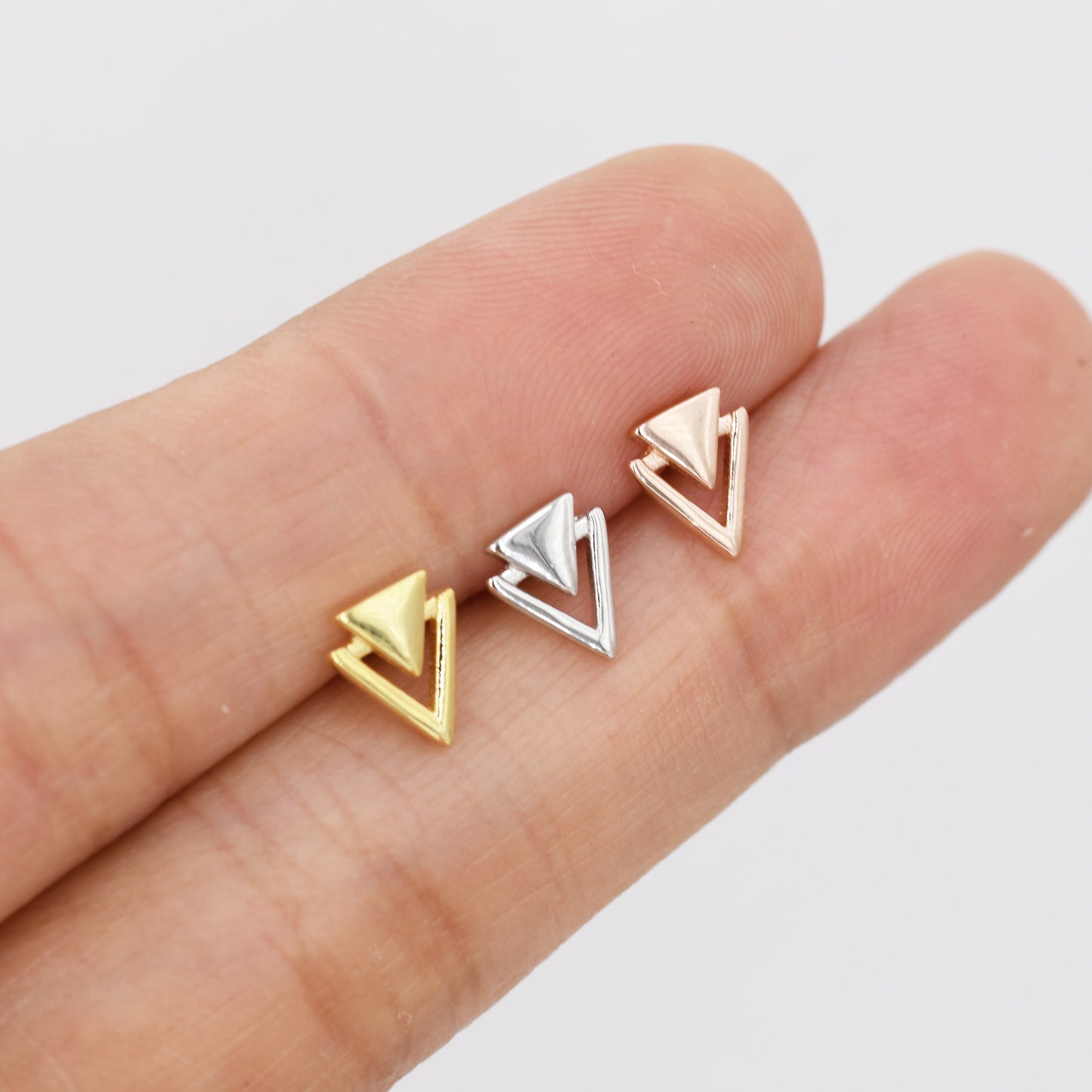 Sterling Silver Double Triangle Stud Earrings,  Silver, Gold or Rose Gold,  Small Earrings, Stacking Earrings,