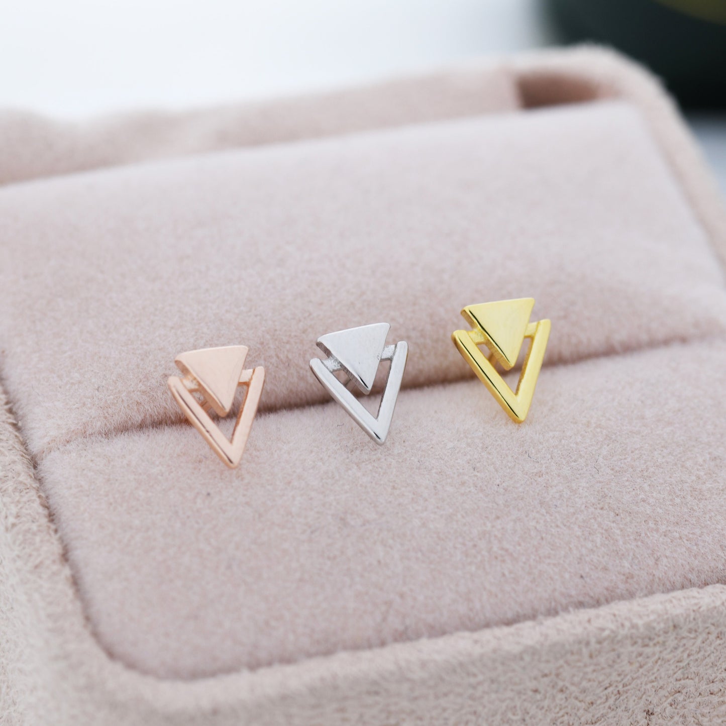 Sterling Silver Double Triangle Stud Earrings,  Silver, Gold or Rose Gold,  Small Earrings, Stacking Earrings,