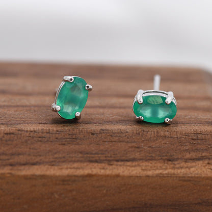 Genuine Green Onyx Crystal Stud Earrings in Sterling Silver, Natural Green Onyx Oval Stud Earrings,