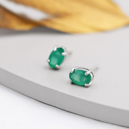 Genuine Green Onyx Crystal Stud Earrings in Sterling Silver, Natural Green Onyx Oval Stud Earrings,