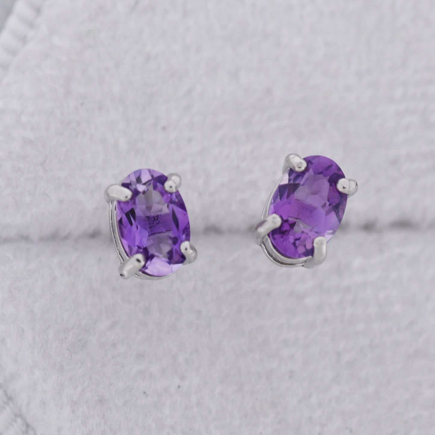 Genuine Amethyst Crystal Stud Earrings in Sterling Silver, Natural Purple Amethyst Oval Stud Earrings, February Birthstone