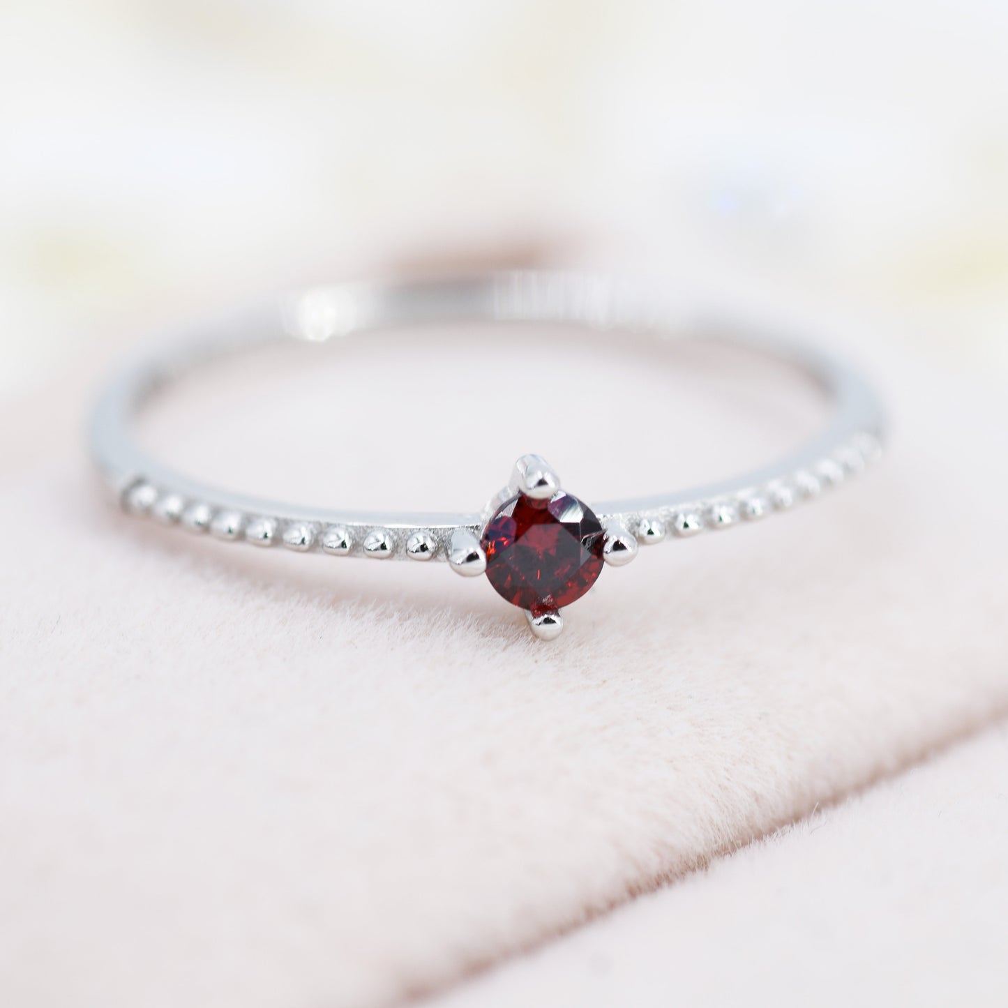 Garnet Red CZ Ring in Sterling Silver, Silver or Gold, Delicate Stacking Ring, Nesting Band, Size US 6 - 8, January Birthstone