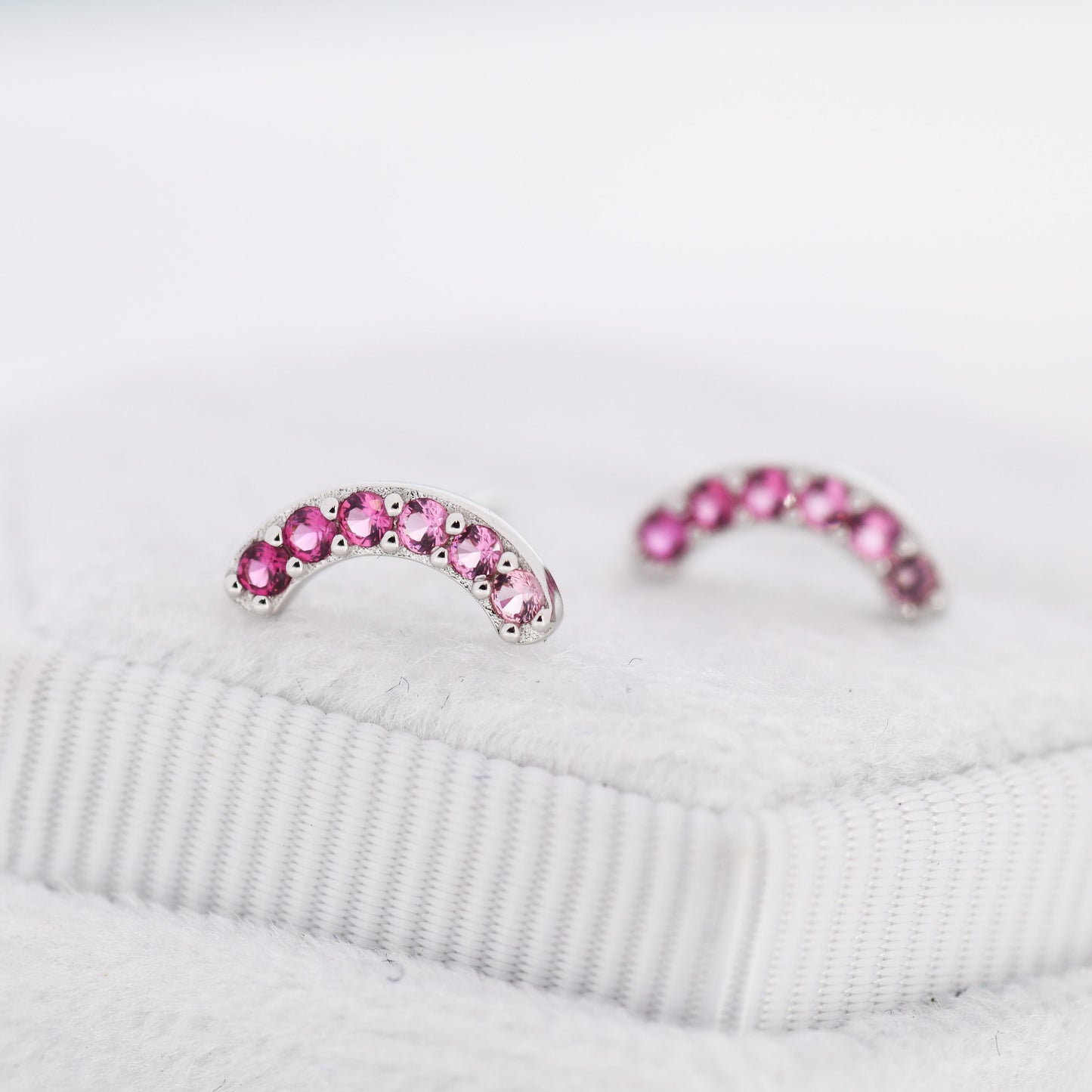 Ombre Ruby Pink CZ Arch Rainbow Stud Earrings in Sterling Silver, Gradient Colour Red Pink Rainbow Earrings,  Stacking Earrings