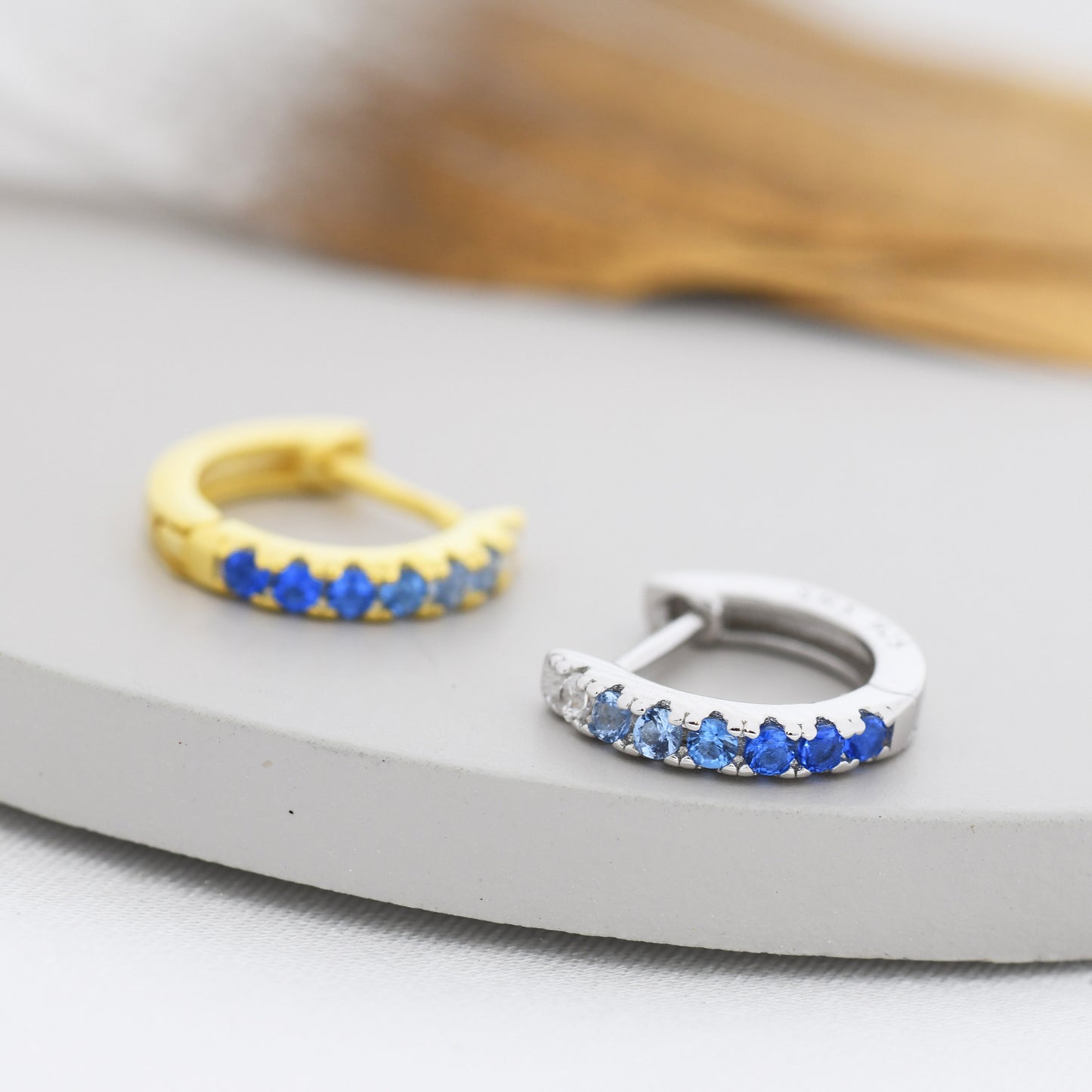 Sapphire Blue Ombre CZ Huggie Hoops in Sterling Silver, Silver or Gold, Minimalist Hoop Earrings, 8mm Hoops, cartilage hoops, Gradient