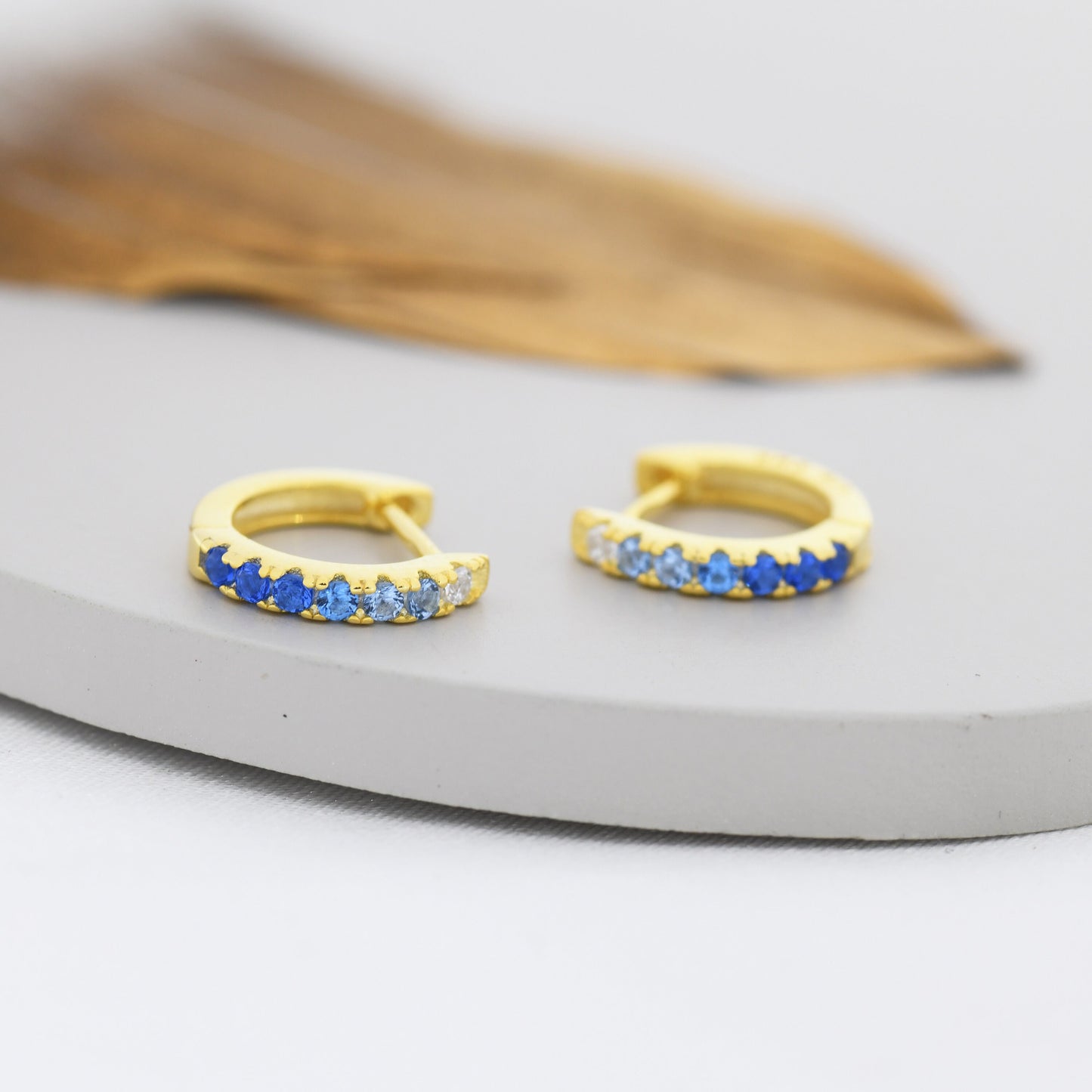 Sapphire Blue Ombre CZ Huggie Hoops in Sterling Silver, Silver or Gold, Minimalist Hoop Earrings, 8mm Hoops, cartilage hoops, Gradient