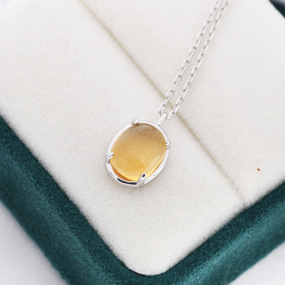 Genuine Citrine Crystal Oval Necklace in Sterling Silver, Oval Cabochon Natural Citrine Stone Necklace, November Birthstone