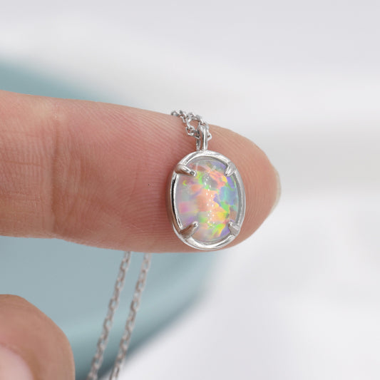Opal Oval Necklace in Sterling Silver, Dainty Oval Cabochon Necklace, October Birthstone