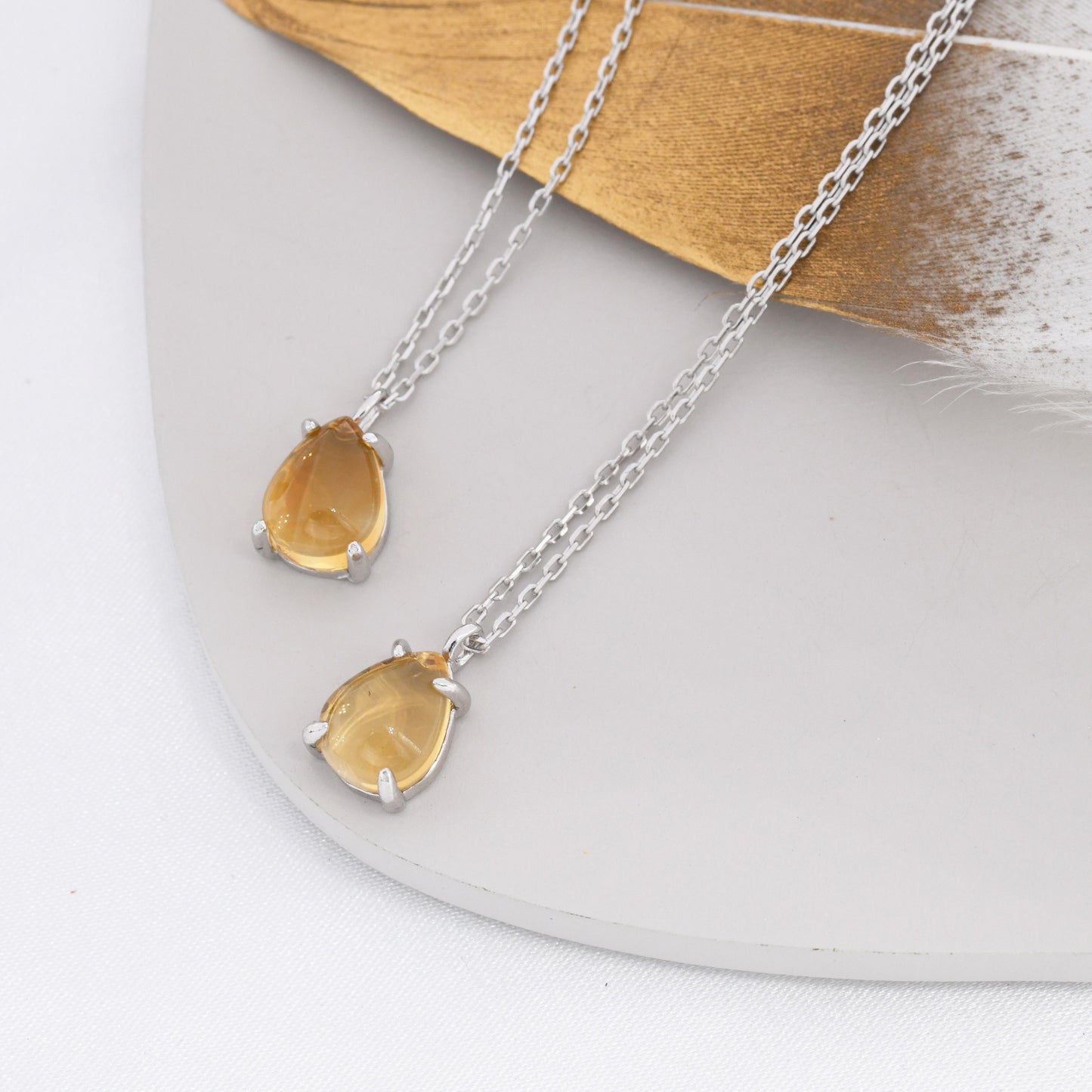 Genuine Citrine Crystal Pear Necklace in Sterling Silver, Droplet Cabochon Natural Citrine Stone Necklace, November Birthstone