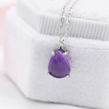 Genuine Amethyst Crystal Pear Necklace in Sterling Silver, Droplet Cabochon Natural Amethyst Necklace, February Birthstone